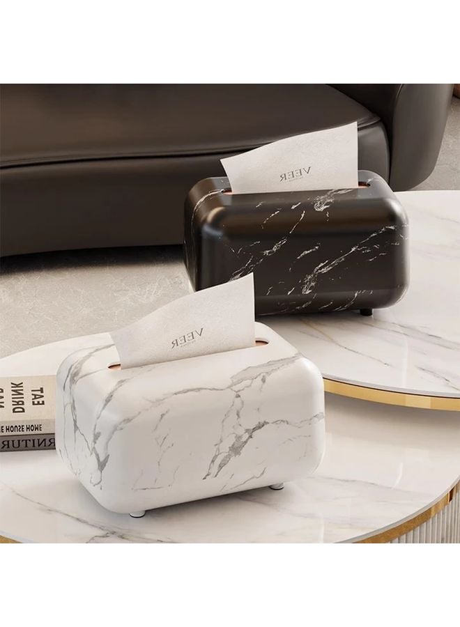 White Marble Square Tissue Box With Black Lid Compact Holder For Home Office - Image 1